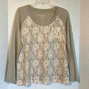 Soft Surroundings Top Women’s S Light Green Lace Overlay Long Sleeve Cotton